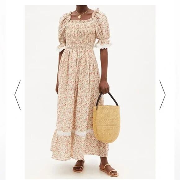 NWT Lug Von Siga Linen Smocked Elisa A-Line Floral Maxi Dress Sz FR36/US4 #1C456 - Picture 1 of 12